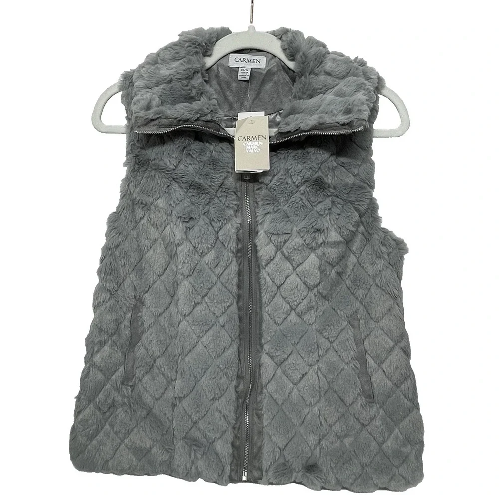 Carmen Marc Valvo Women's XS New Gray Full Zip Faux Fur Quilted‎ Lined Cozy Vest